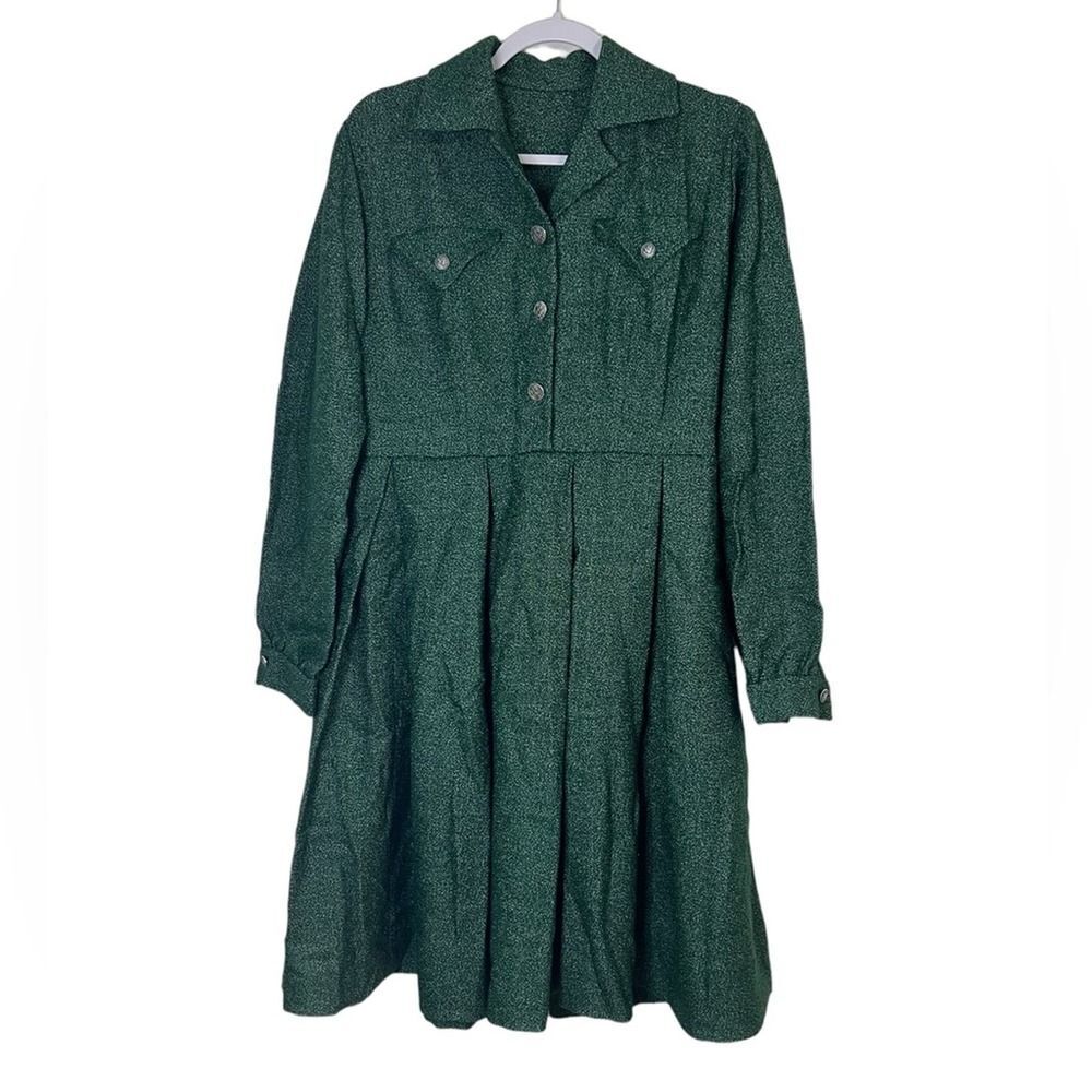 Vintage Green Pleated Midi Shirt Dress Costume Cosplay Women's S